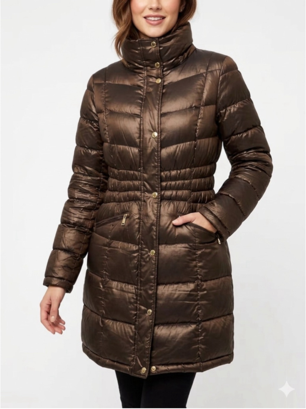 Women's Michael Kors Packable Puffer Jacket Brown Bronze Gold Hardware Large